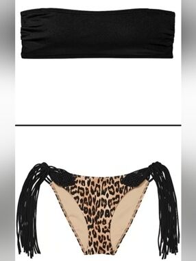 L/L VS Archives Swim Bandeau Bikini Top Macrame Fringe Cheeky Bikini Set Leopard